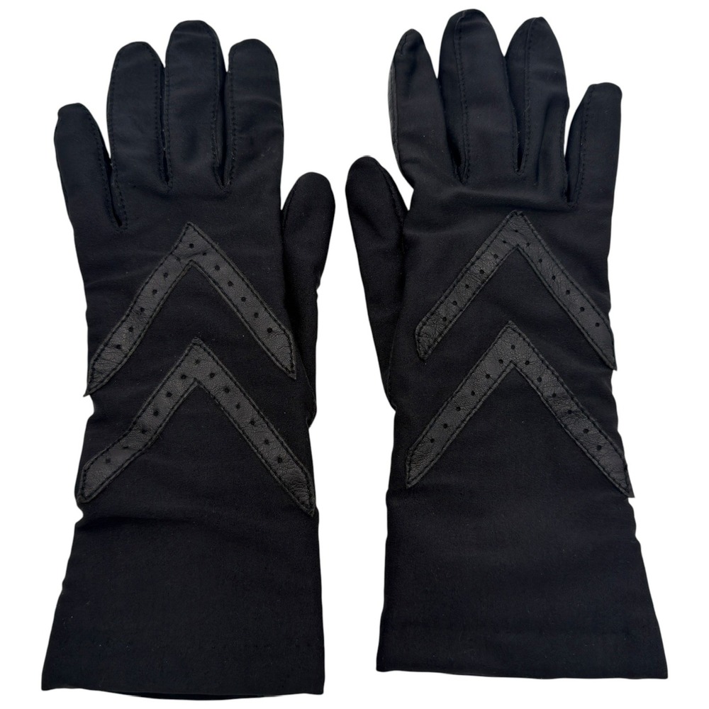 Vintage Isotoner Aris Warm-Ups Black Gloves Leather Chevron Lined Women's OS